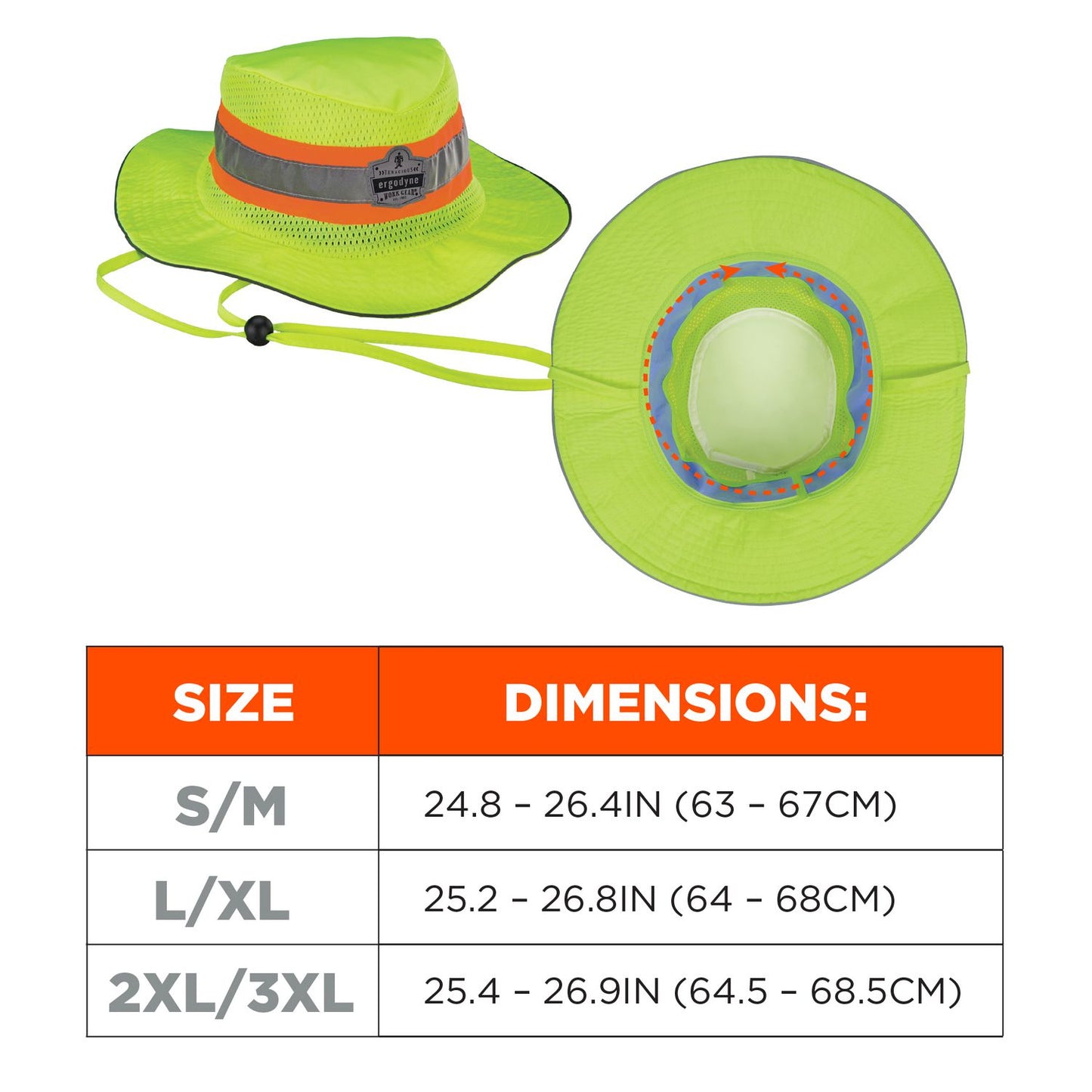 ergodyne Chill-Its 8935CT Hi-Vis PVA Ranger Sun Hat, Polyester/PVA, 2X-Large/3X-Large, Lime (12600)