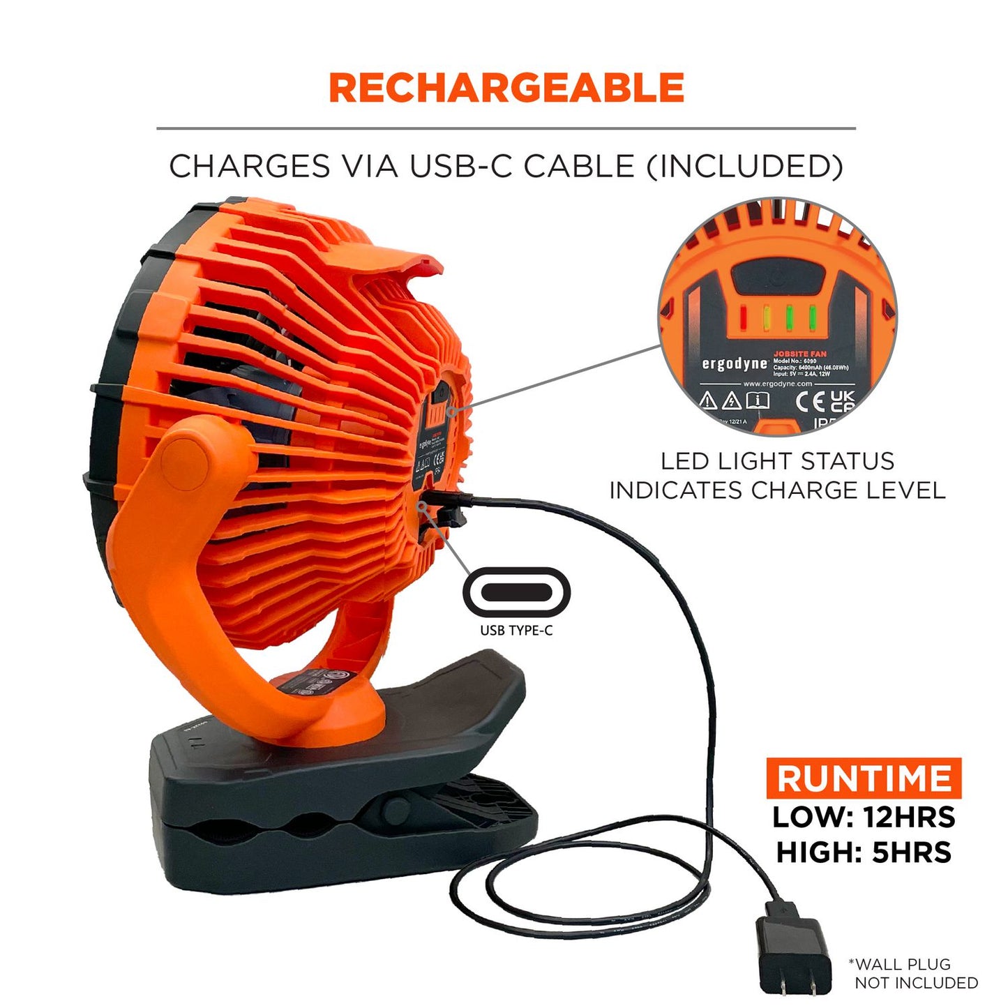 ergodyne Chill-Its 6090 Rechargeable Portable Jobsite Fan, 9.5, Orange/Black (12800)