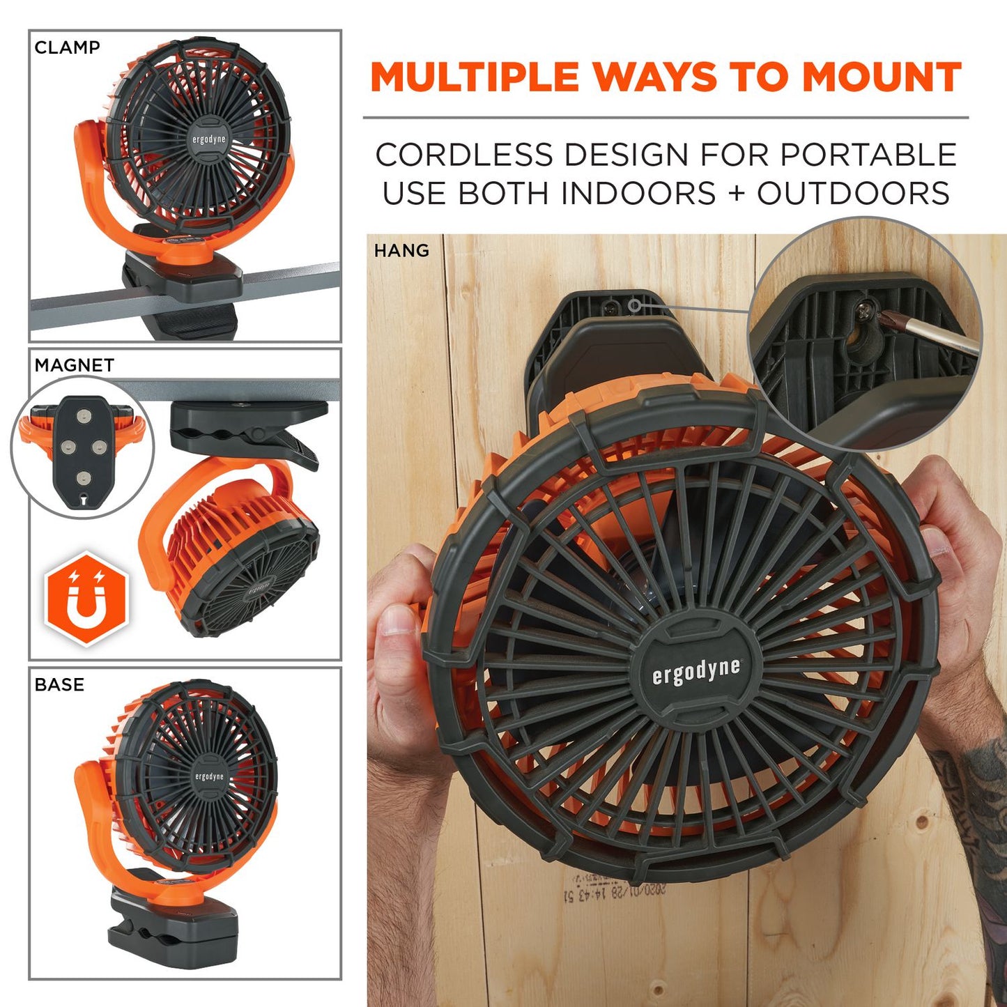 ergodyne Chill-Its 6090 Rechargeable Portable Jobsite Fan, 9.5, Orange/Black (12800)