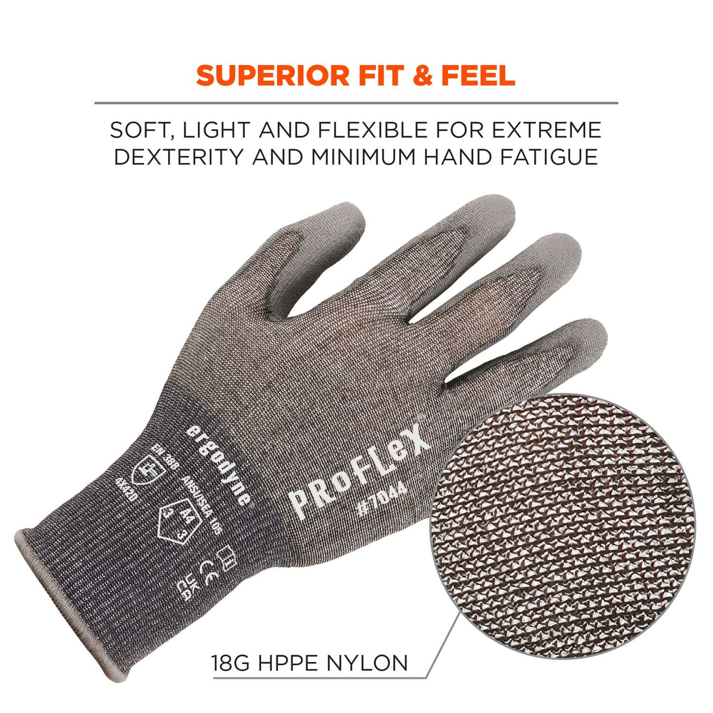 ergodyne ProFlex 7044 ANSI A4 PU Coated CR Gloves, Gray, X-Small, Pair (10491)