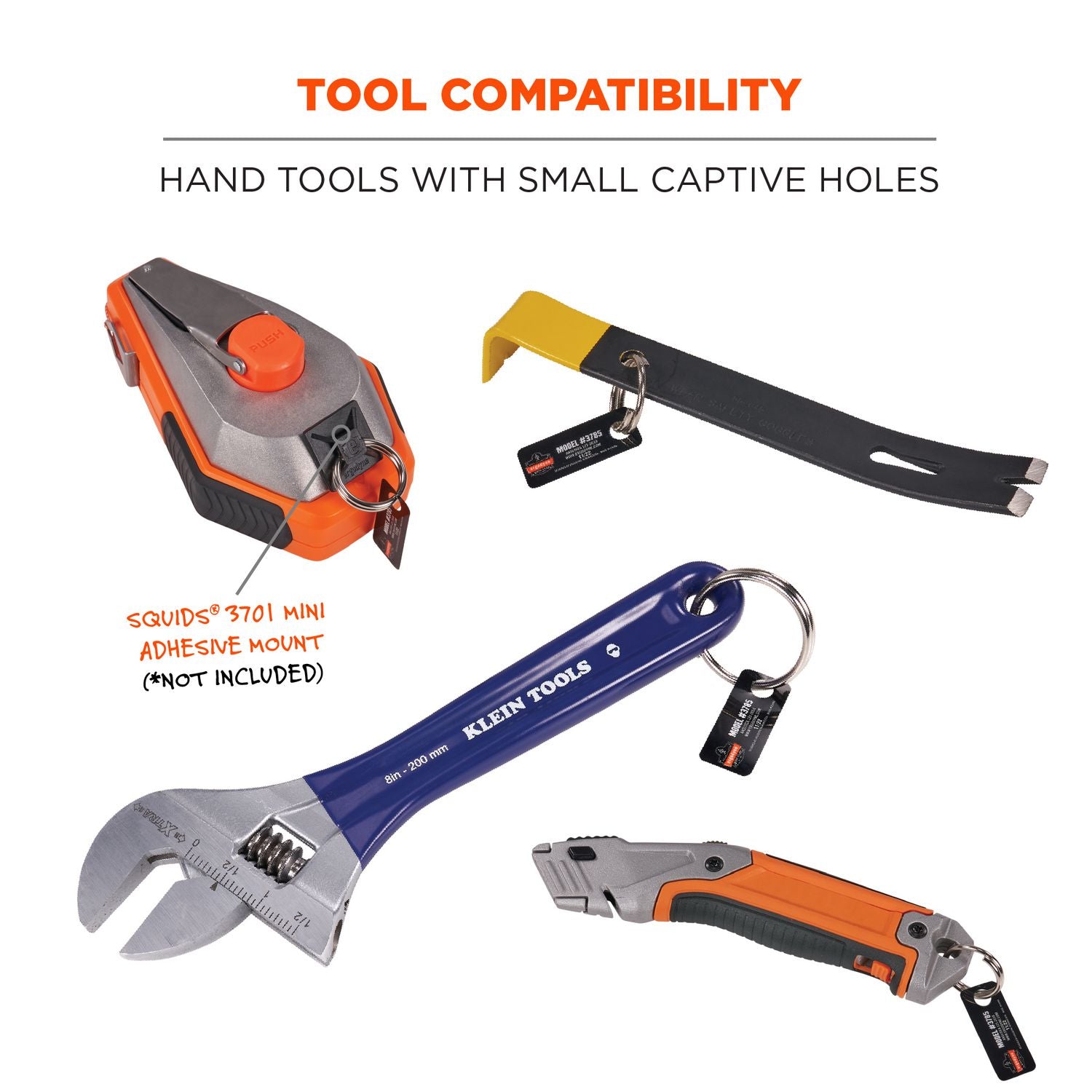 ergodyne Squids 3785 Split Ring Tool Attachment, 2 lb Max Working Capacity, 1" dia, Silver, 10/Pack (19785)