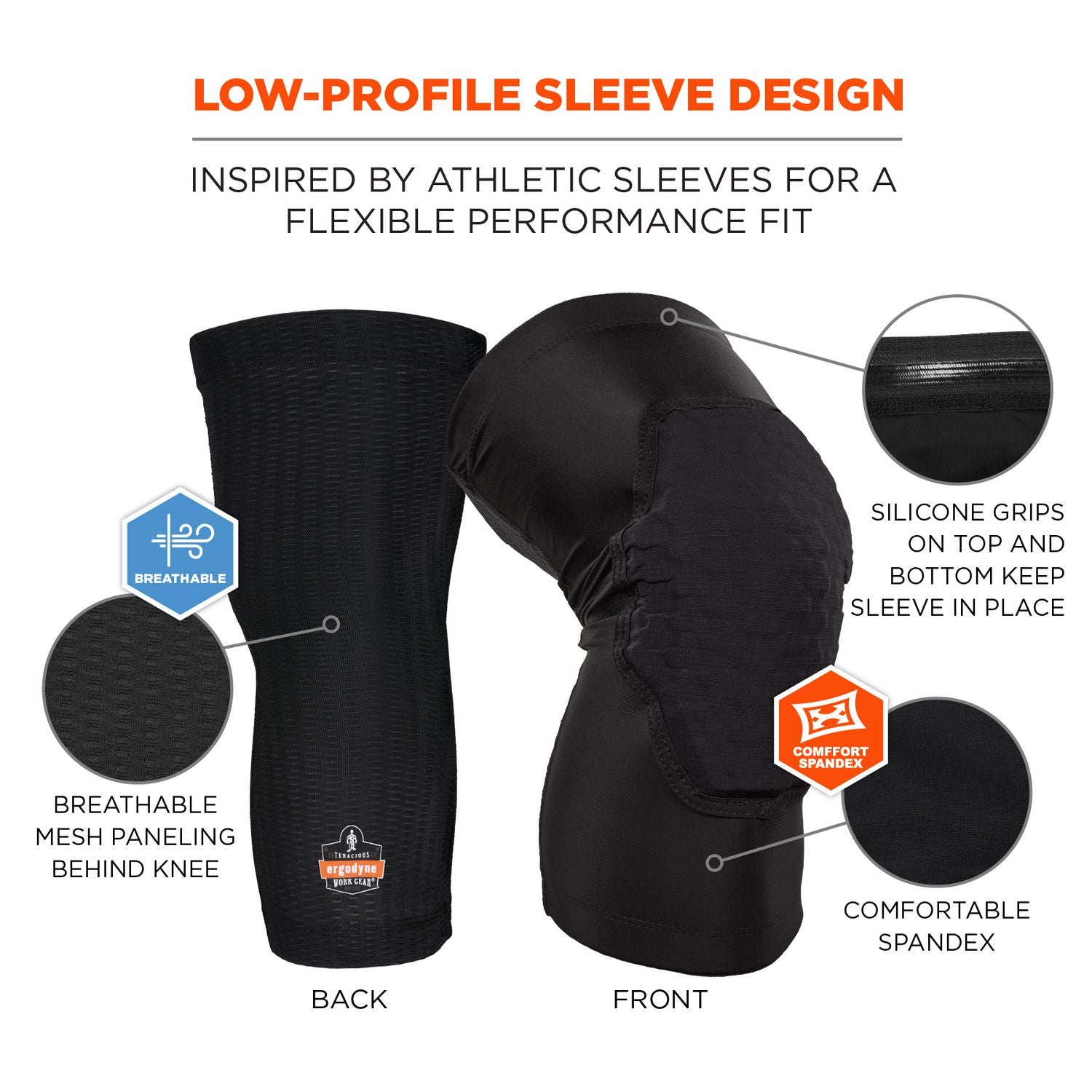 ergodyne Proflex 525 Lightweight Padded Knee Sleeves, Slip-On, X-Large+, Black, Pair (18528)