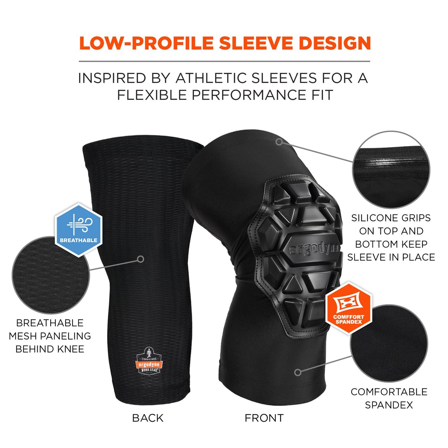 ergodyne ProFlex 550 Padded Knee Sleeves with 3-Layer Foam Cap, Slip-On, X-Large+, Black, Pair (18553)