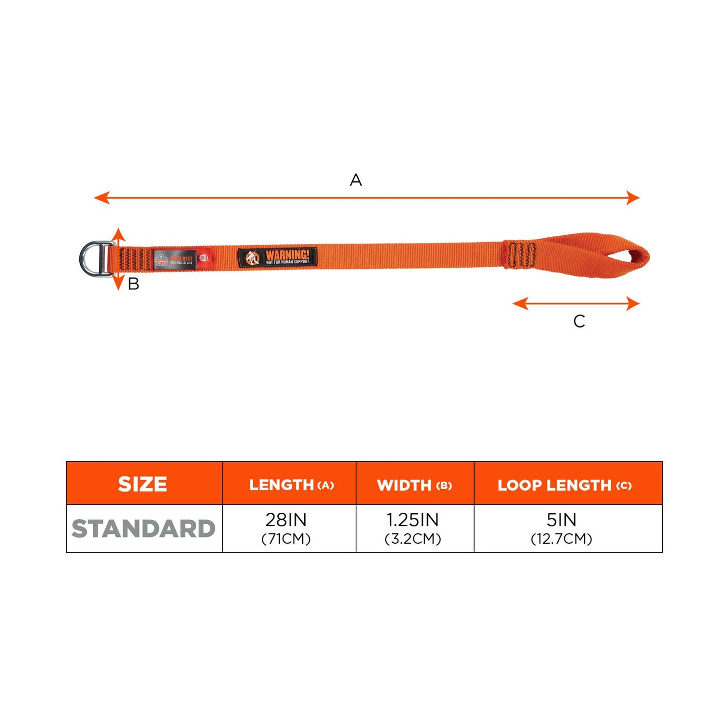 ergodyne Squids 3177 Anchor Choke Strap for Tool Tethering, 60 lb Max Safe Working Capacity, 28" Long, Orange (19195)