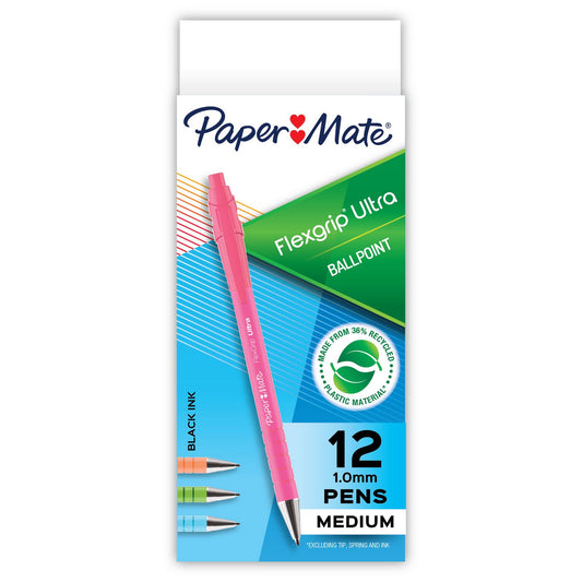 Paper Mate FlexGrip Ultra Recycled Ballpoint Pen, Retractable, Medium, 1 mm, Black Ink, Assorted Barrels, Dozen (2204001)