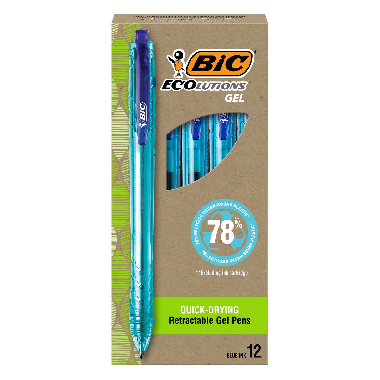 BIC Ecolutions Gel Pen, Retractable, Medium 1 mm, Blue Ink, Blue Barrel, Dozen (RGLE11BE)