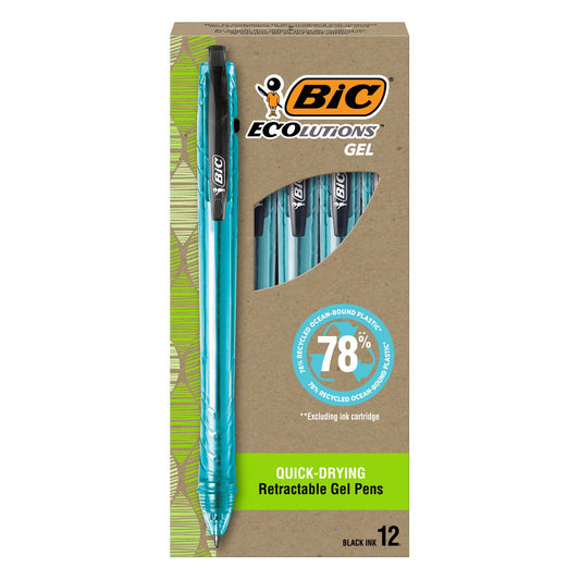 BIC Ecolutions Gel Pen, Retractable, Medium 1 mm, Black Ink, Blue Barrel, Dozen (RGLE11BK)