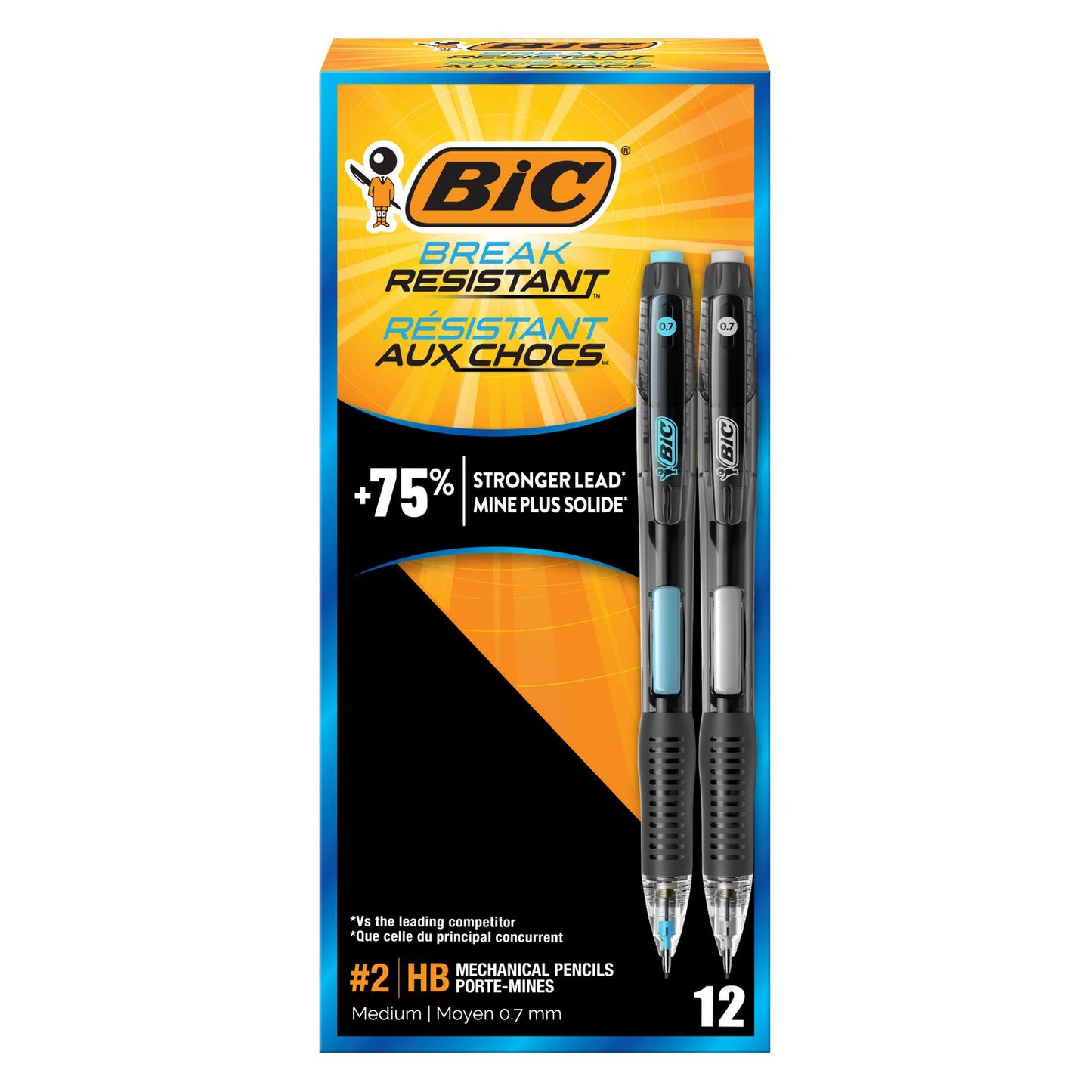 BIC Break-Resistant Mechanical Pencils with Erasers, 0.7 mm, HB (#2), Black Lead, Assorted Barrel Colors, Dozen (MV7PR11)