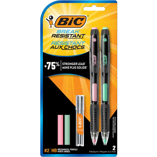 BIC Break-Resistant Mechanical Pencils with Erasers, 0.7 mm, HB (#2), Black Lead, Green and Pink Barrel Colors, 2/Pack (MV7PRP2)