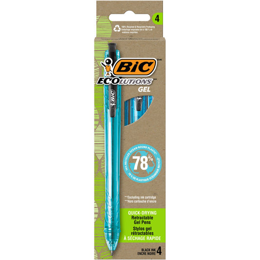 BIC Ecolutions Gel Pen, Retractable, Medium 1 mm, Black Ink, Blue Barrel, 4/Pack (RGLE4BK)