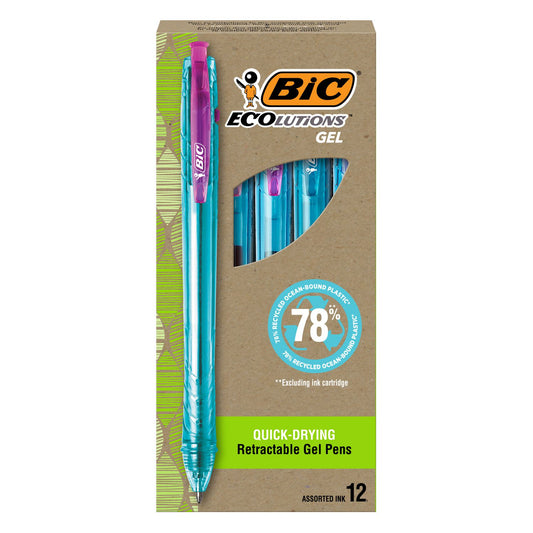 BIC Ecolutions Gel Pen, Retractable, Medium 1 mm, Assorted Ink, Blue Barrel, Dozen (BICRGLE11AST)