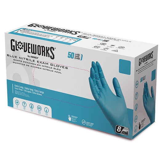 GloveWorks by AMMEX Blue Nitrile Exam Gloves, Powder-Free, Medium, Blue, 8 mil, 50/Box, 10 Boxes/Carton (GPNHD64100)