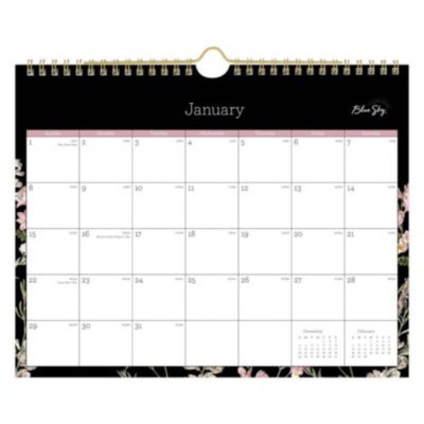 Blue Sky Neveah Monthly Wall Calendar, Floral Artwork, 11" x 8.75", White/Black/Pink Sheets, 12-Month (Jan to Dec): 2025 (139941)