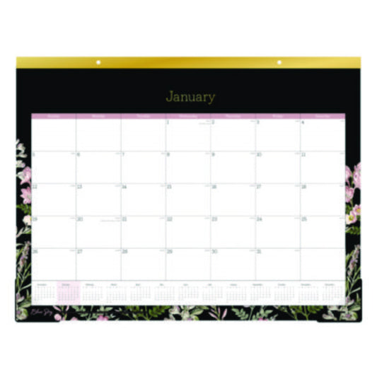 Blue Sky Neveah Monthly Desk Pad Calendar, Floral Artwork, 22" x 17", White/Black/Pink Sheets, Gold Headband, 12-Month (Jan-Dec): 2025 (148629)