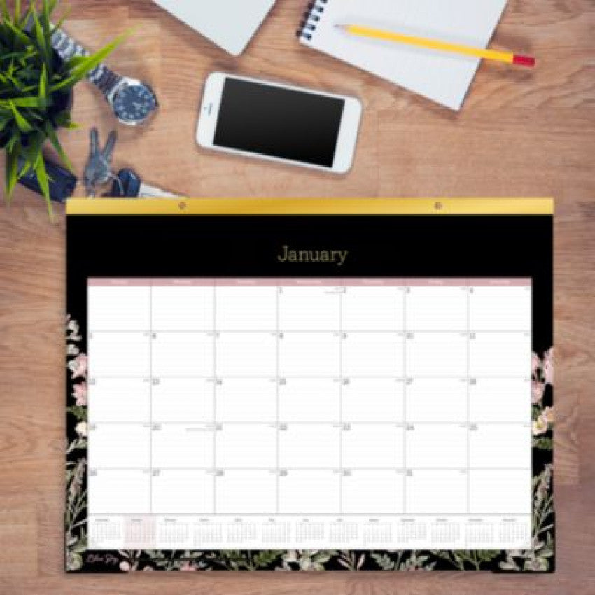 Blue Sky Neveah Monthly Desk Pad Calendar, Floral Artwork, 22" x 17", White/Black/Pink Sheets, Gold Headband, 12-Month (Jan-Dec): 2025 (148629)