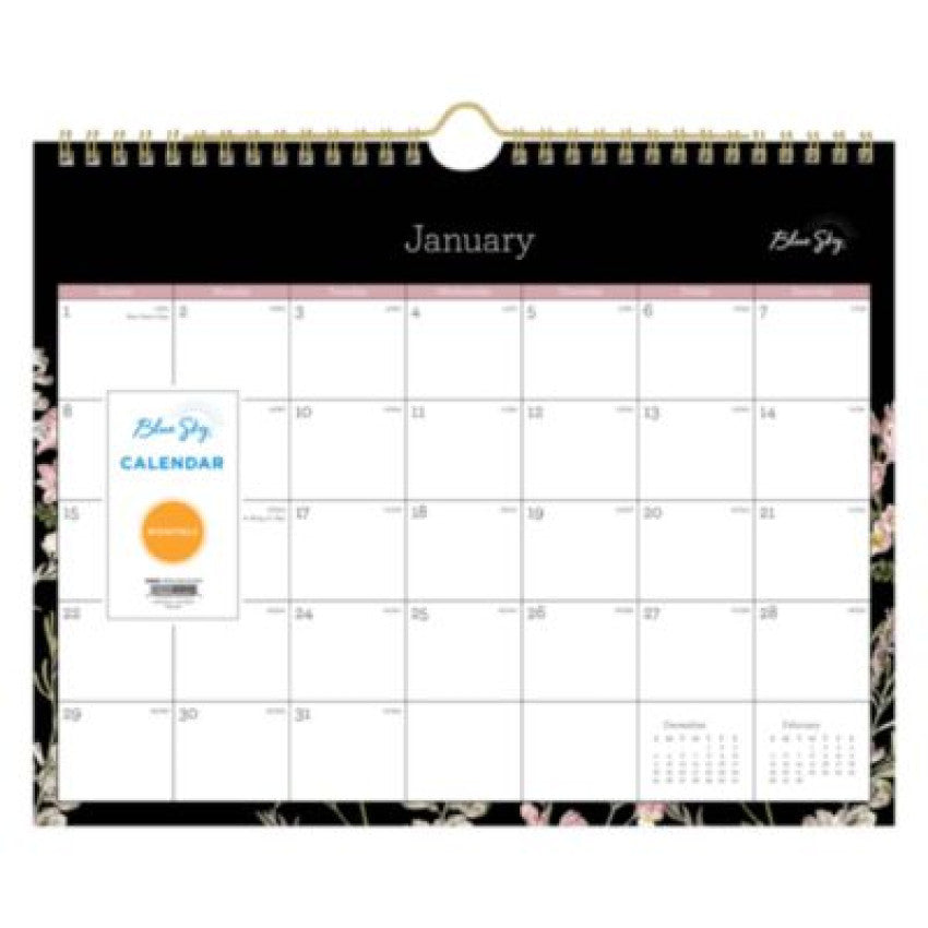 Blue Sky Neveah Monthly Wall Calendar, Floral Artwork, 11" x 8.75", White/Black/Pink Sheets, 12-Month (Jan to Dec): 2025 (139941)