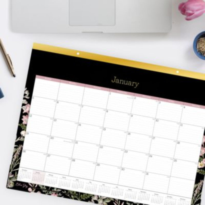 Blue Sky Neveah Monthly Desk Pad Calendar, Floral Artwork, 22" x 17", White/Black/Pink Sheets, Gold Headband, 12-Month (Jan-Dec): 2025 (148629)