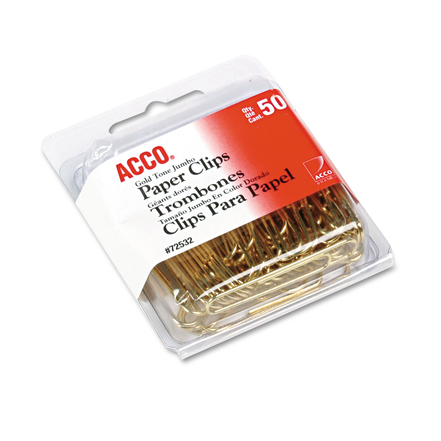 Acco Gold Tone Paper Clips, Jumbo, Smooth, Gold, 50/Box (72532)