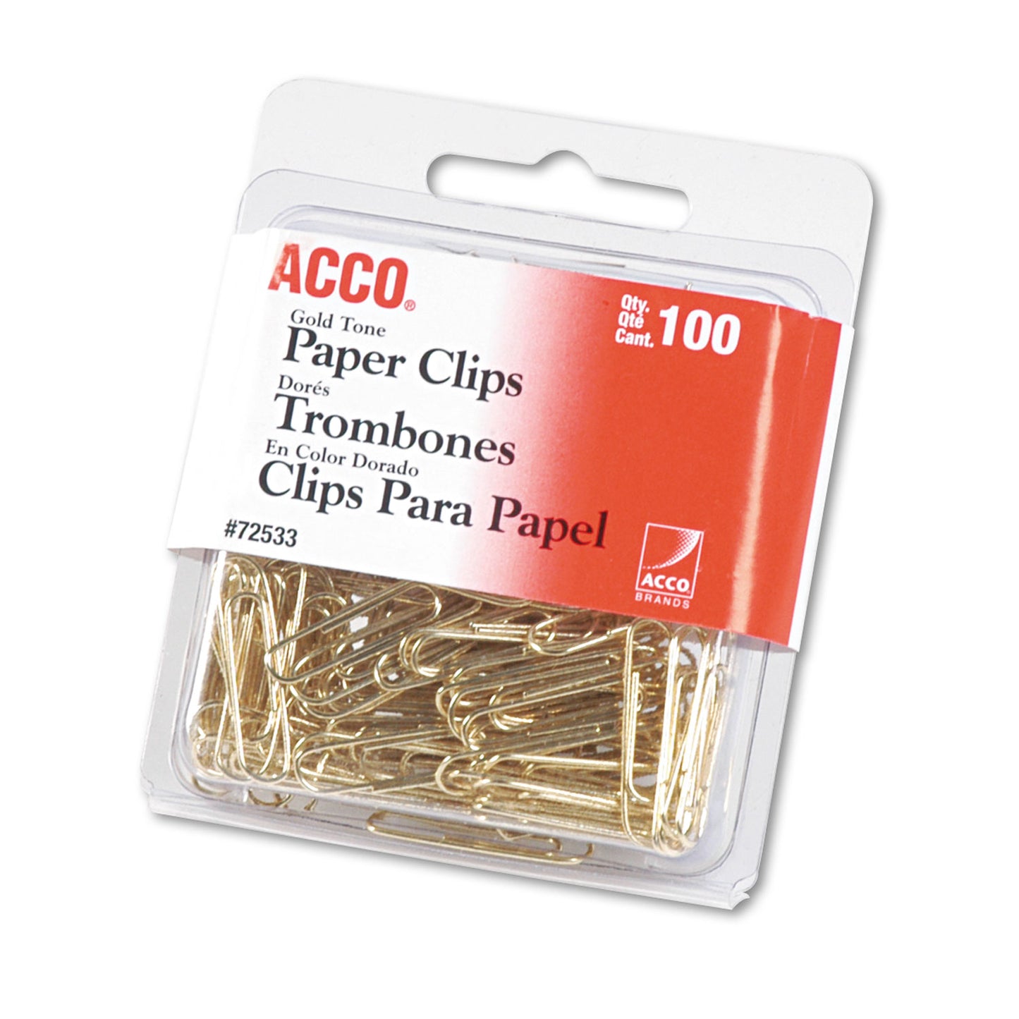 Acco Gold Tone Paper Clips, #2, Smooth, Gold, 100/Box (72533)