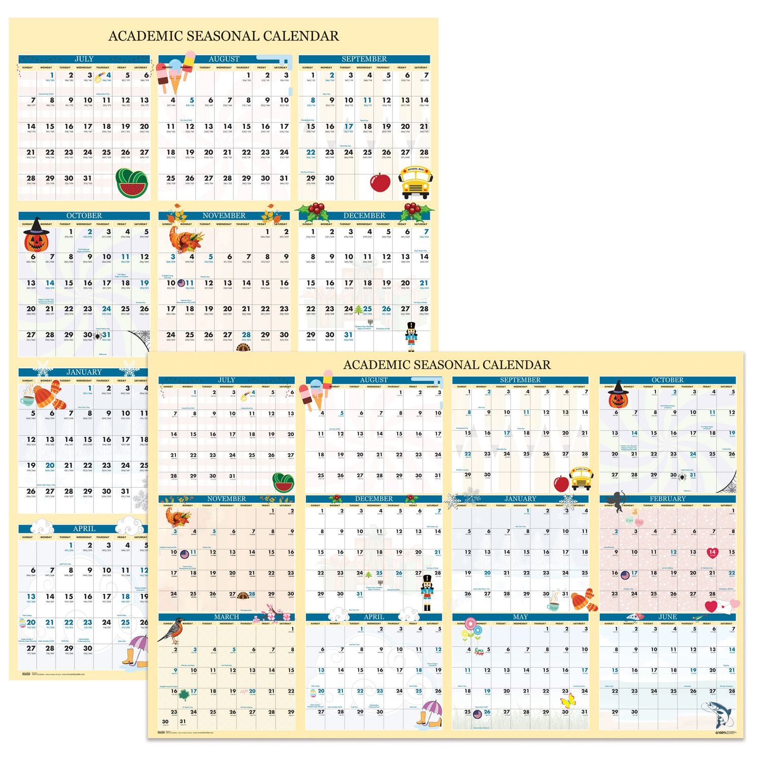 House of Doolittle Recycled Academic Seasonal Laminated Wall Calendar, Illustrated Seasons, 24 x 37, 12-Month (July to June), 2024 to 2025 (39835)