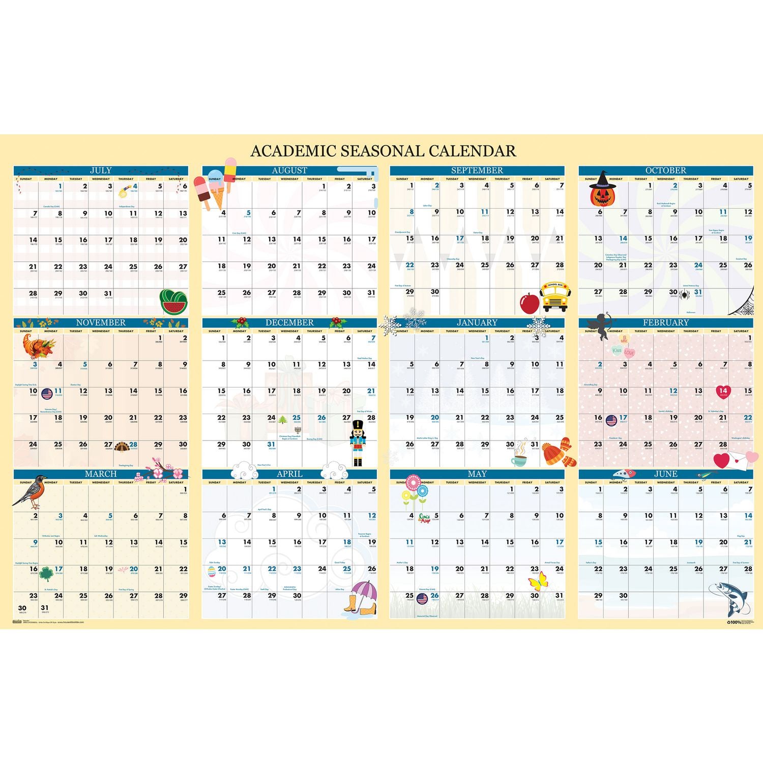 House of Doolittle Recycled Academic Seasonal Laminated Wall Calendar, Illustrated Seasons, 24 x 37, 12-Month (July to June), 2024 to 2025 (39835)