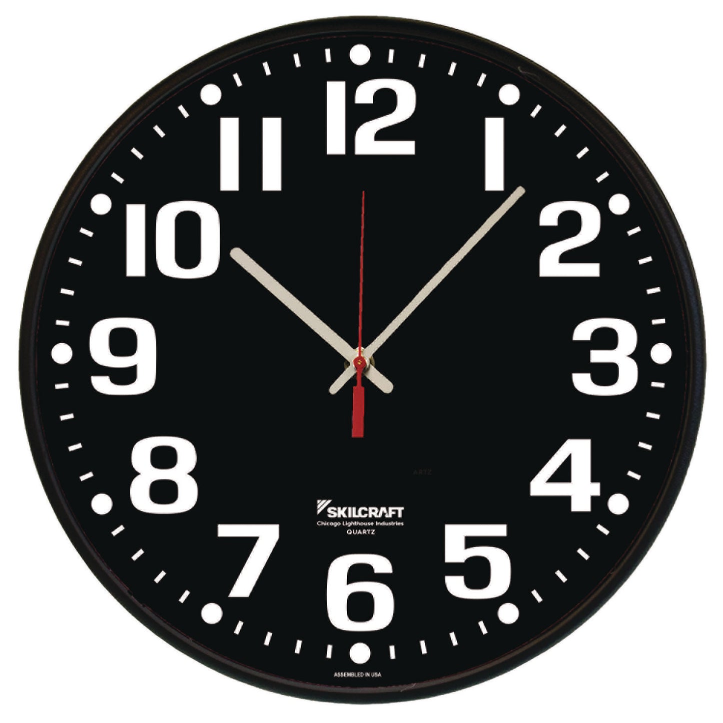 AbilityOne 6645016986561 SKILCRAFT High Contrast Quartz Wall Clock, 12.75" Overall Diameter, Black Case, 1 AA (sold separately)