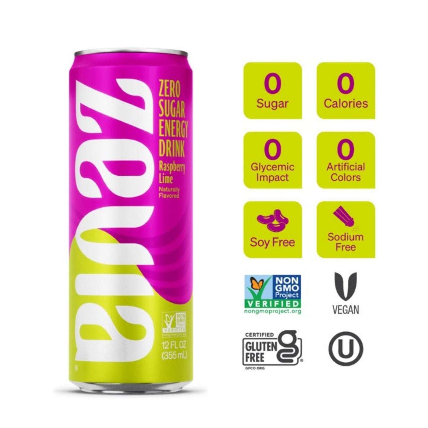 Zevia Zero Sugar Naturally Sweetened Energy Drink, Raspberry Lime, 12 oz Can, 12/Carton (0195212)