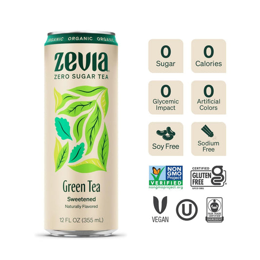 Zevia Zero Sugar Naturally Sweetened Green Tea, Green, 12 oz Can, 12/Carton (0170612)