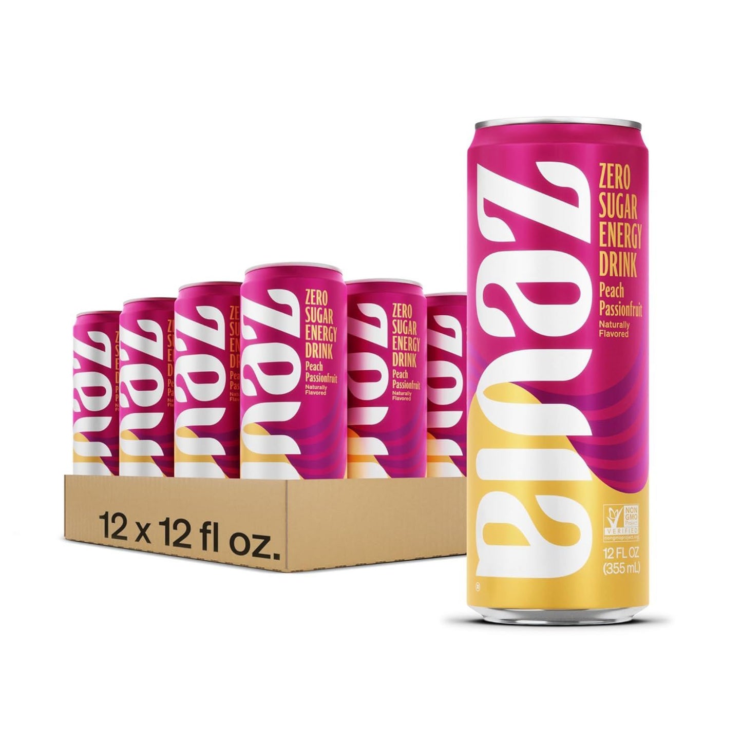 Zevia Zero Sugar Naturally Sweetened Energy Drink, Peach Passionfruit, 12 oz Can, 12/Carton (0195712)