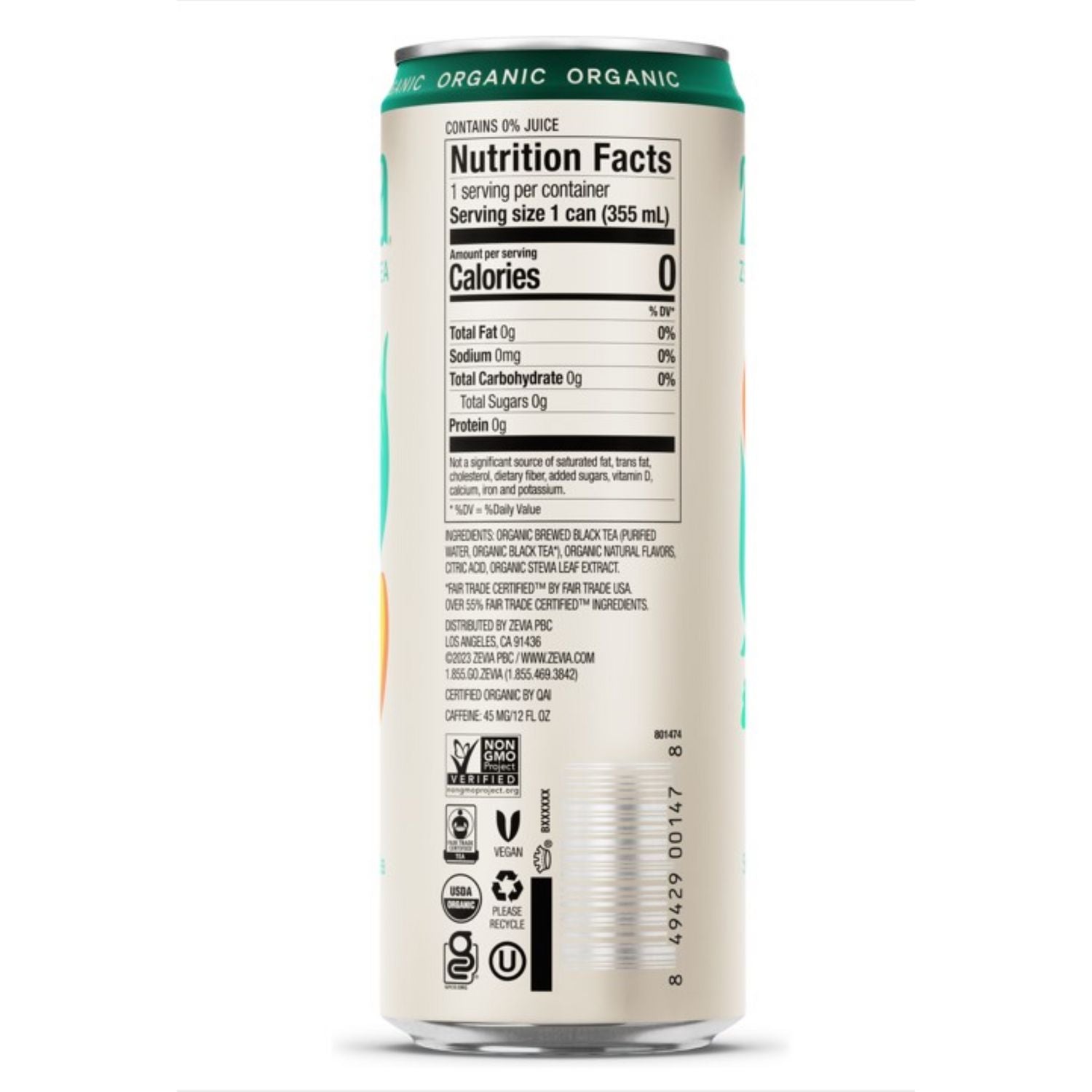 Zevia Zero Sugar Naturally Sweetened Black Tea, Peach, 12 oz Can, 12/Carton (0170412)