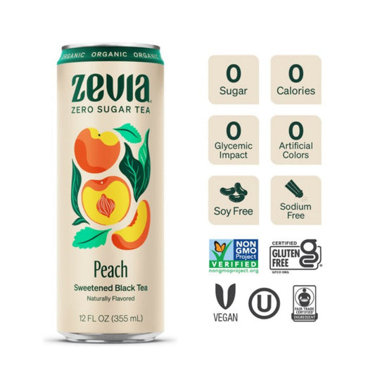 Zevia Zero Sugar Naturally Sweetened Black Tea, Peach, 12 oz Can, 12/Carton (0170412)