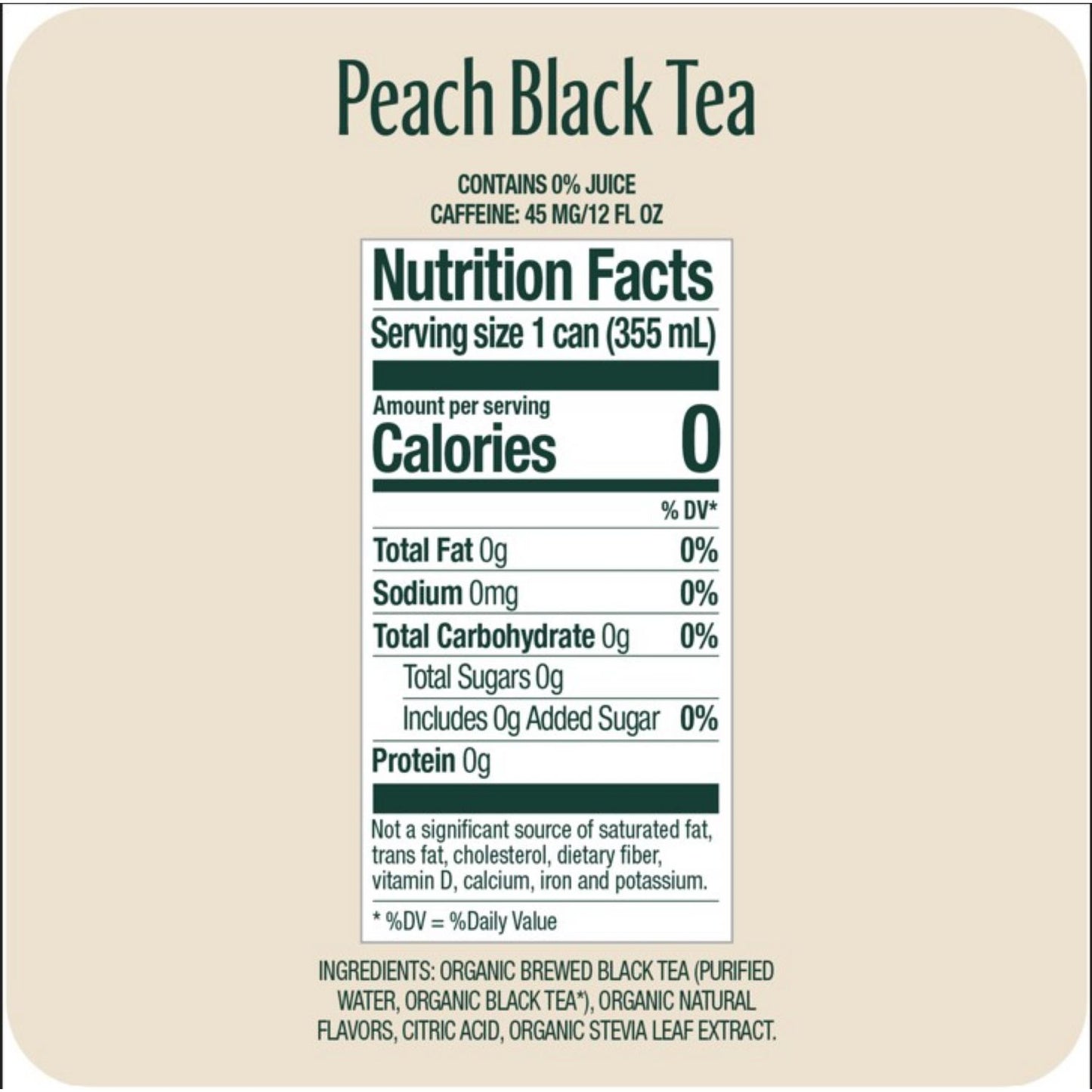 Zevia Zero Sugar Naturally Sweetened Black Tea, Peach, 12 oz Can, 12/Carton (0170412)