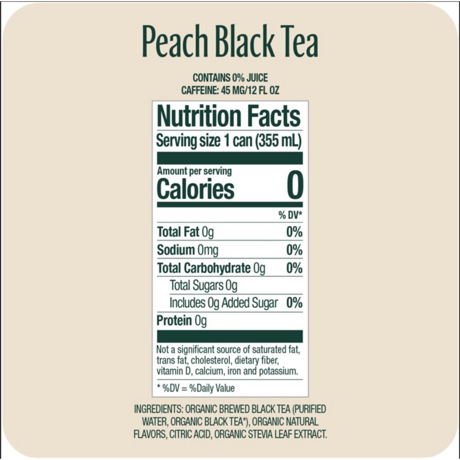 Zevia Zero Sugar Naturally Sweetened Black Tea, Peach, 12 oz Can, 12/Carton (0170412)