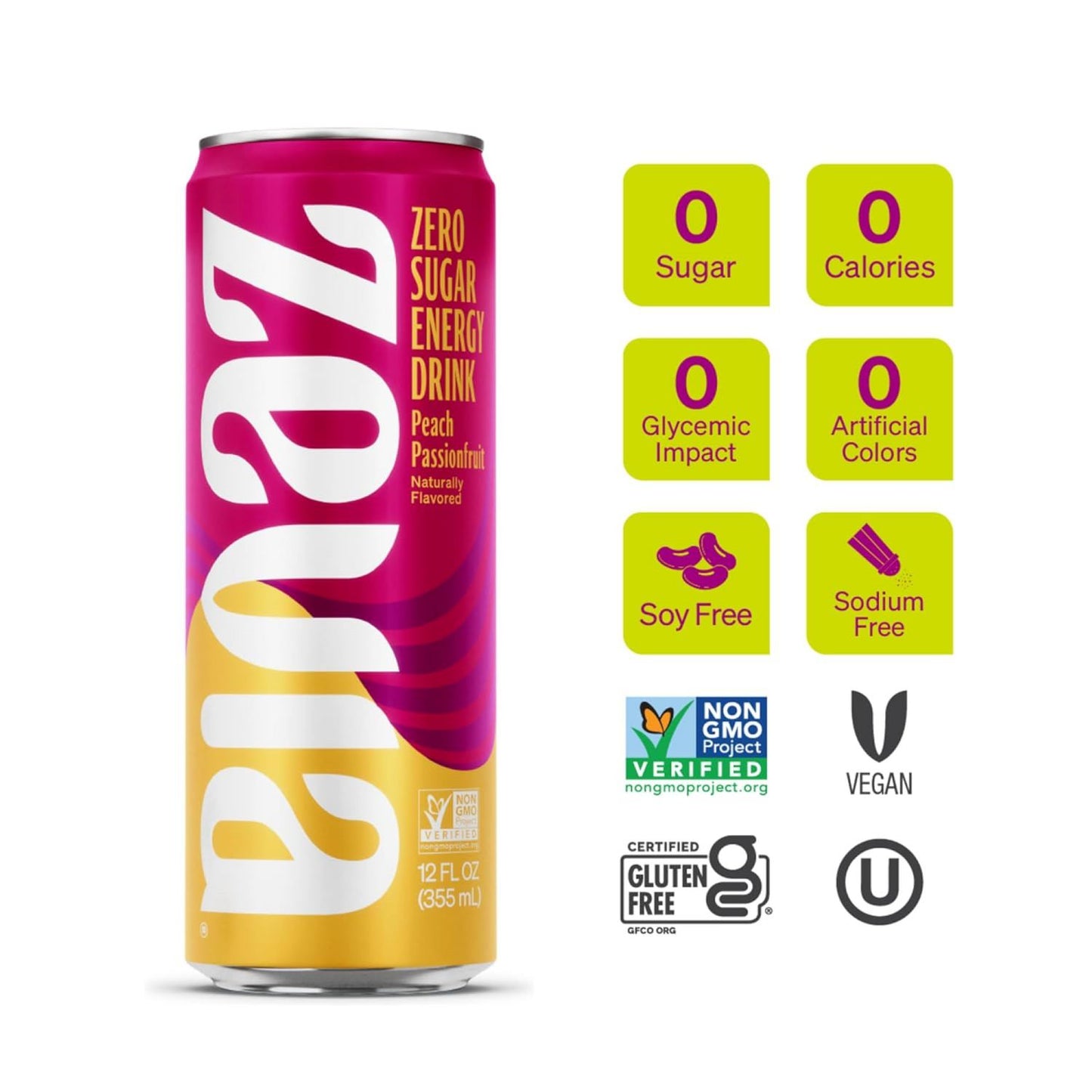 Zevia Zero Sugar Naturally Sweetened Energy Drink, Peach Passionfruit, 12 oz Can, 12/Carton (0195712)