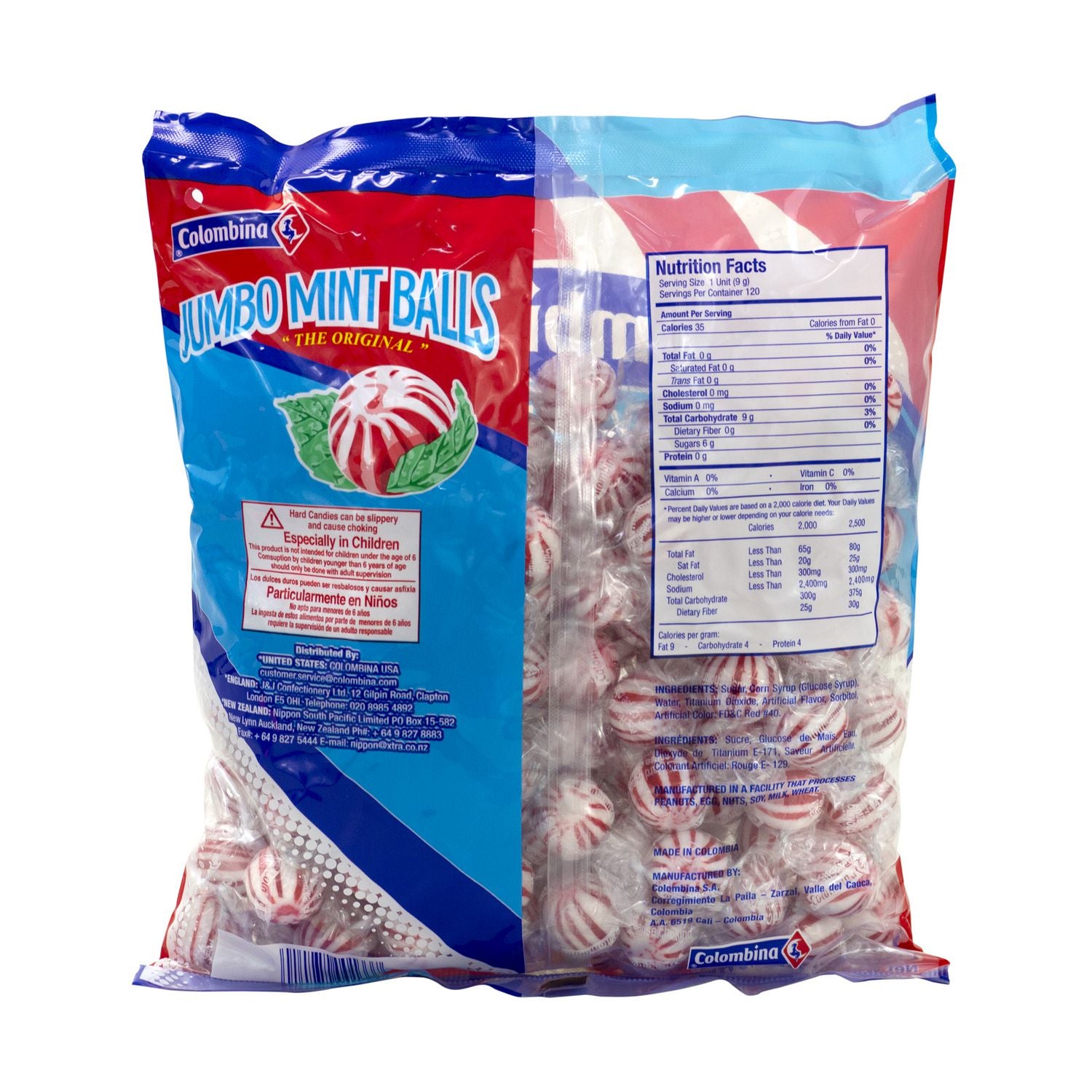 Colombina Jumbo Peppermint Balls, 0.32 oz Individually Wrapped, 120/Bag, 4 Bags/Carton (60004063)