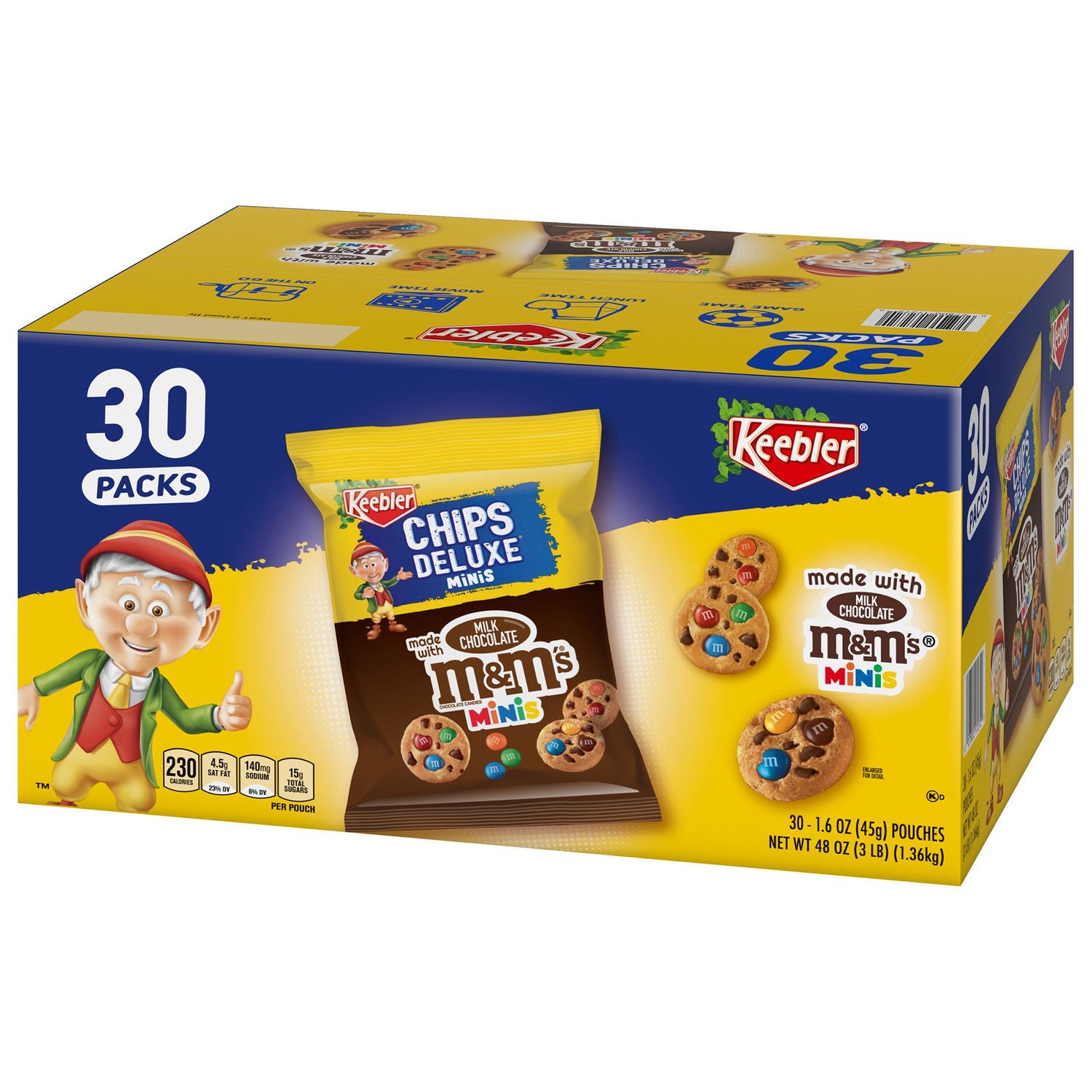 Keebler M&M Cookie Packs, Chocolate, 1.6 oz Pouch, 30/Box, 2 Boxes/Carton (60004085)