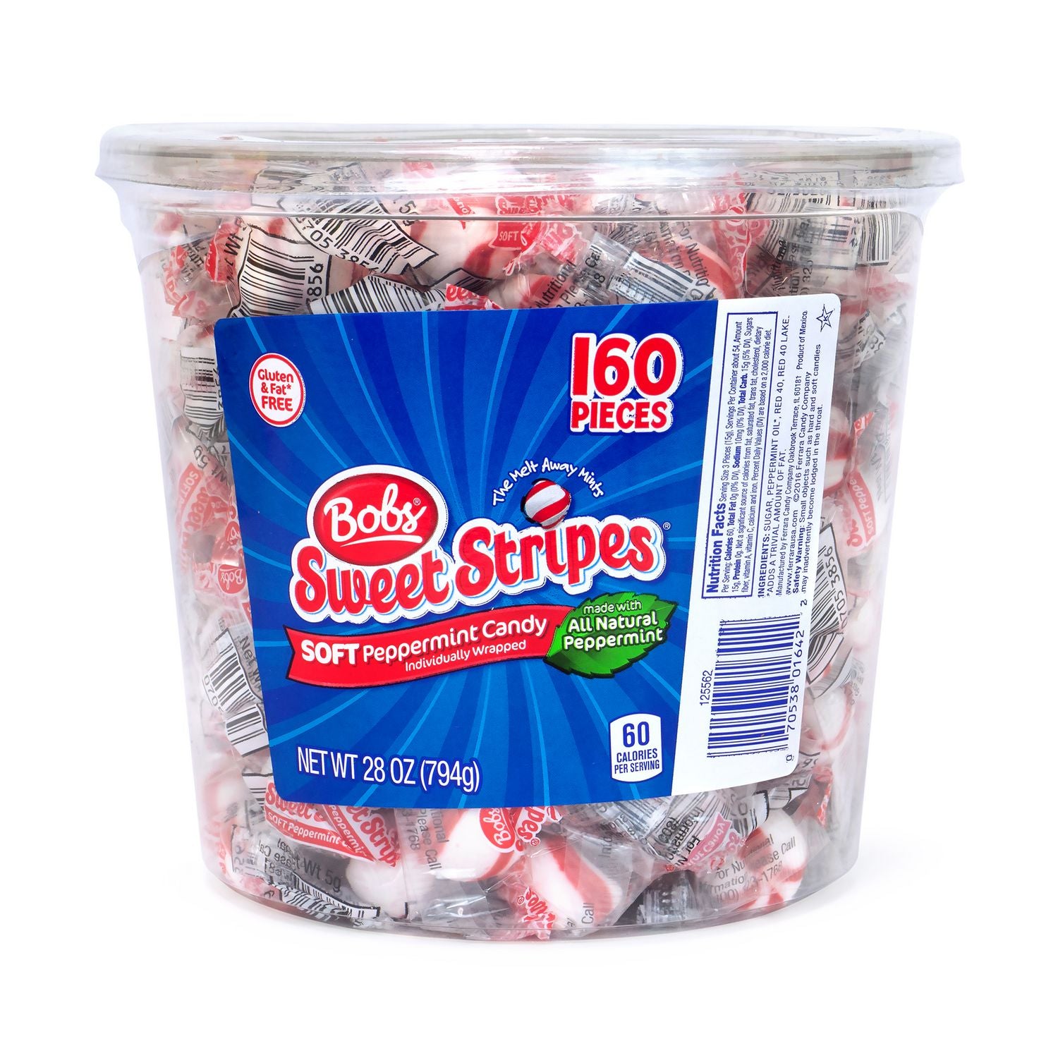 Ferrara Bobs Sweet Stripes Soft Candy, Peppermint, 0.18 oz Individually Wrapped, 160/Tub, 2 Tubs/Carton (60004070)