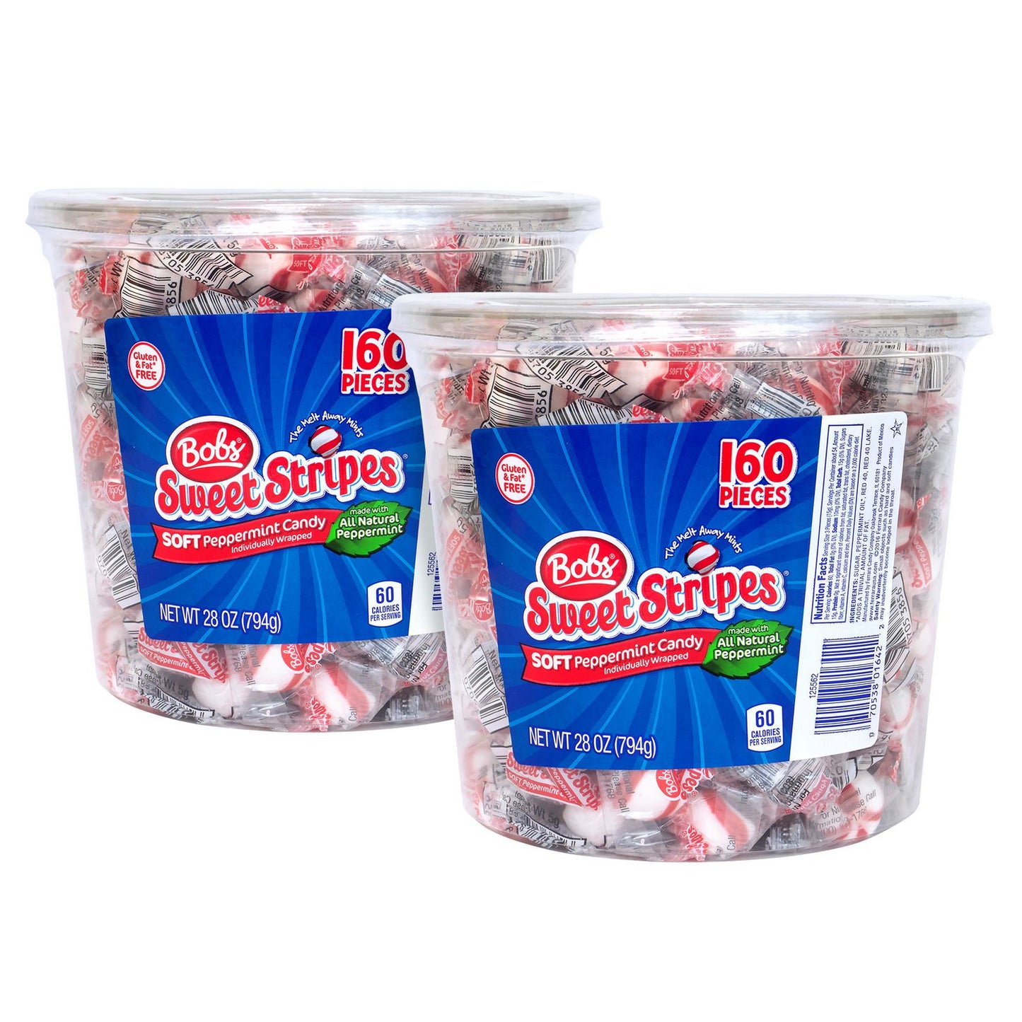 Ferrara Bobs Sweet Stripes Soft Candy, Peppermint, 0.18 oz Individually Wrapped, 160/Tub, 2 Tubs/Carton (60004070)