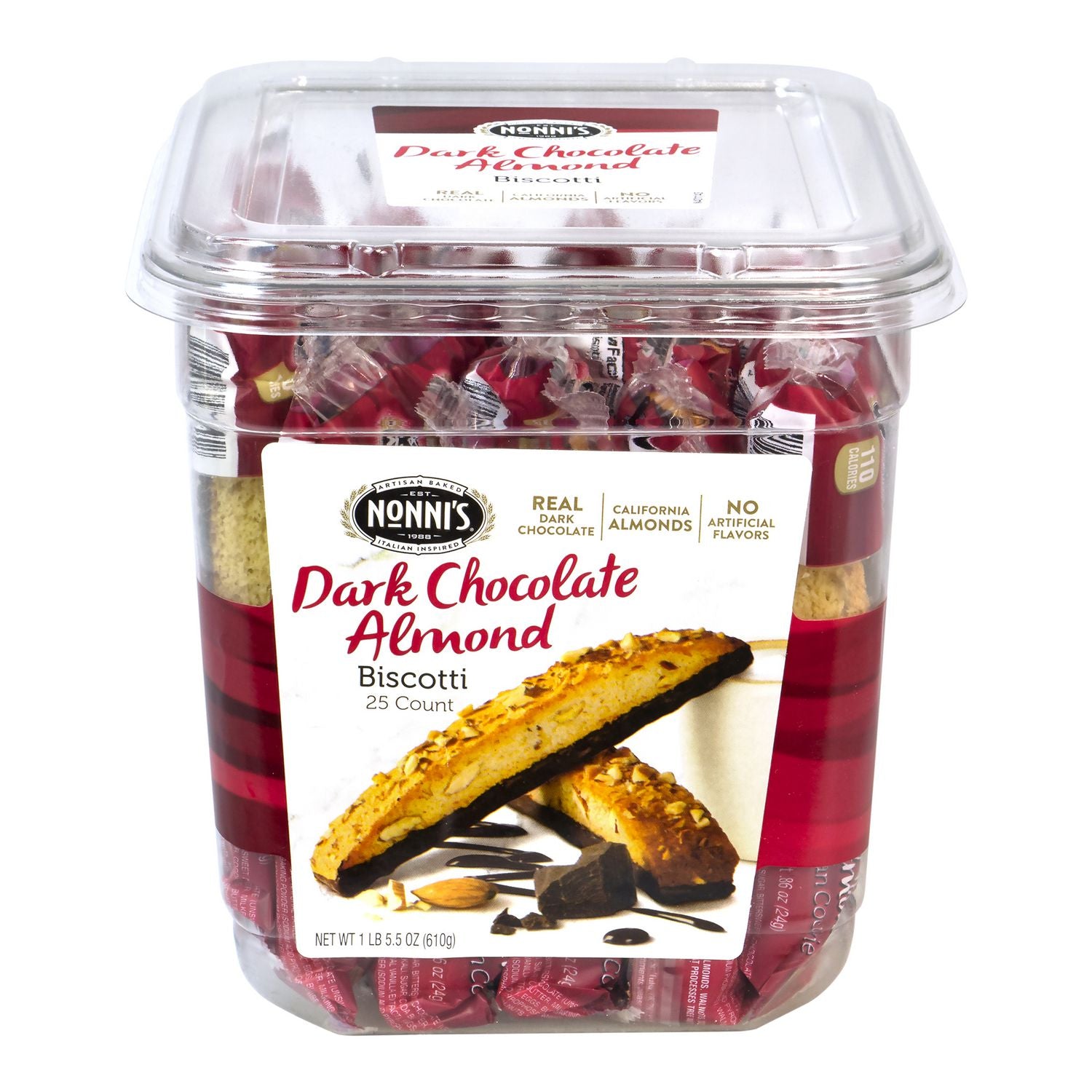 Nonni's Biscotti, Dark Chocolate Almond, 0.88 oz Packet, 25/Tub, 2 Tubs/Carton (60004079)