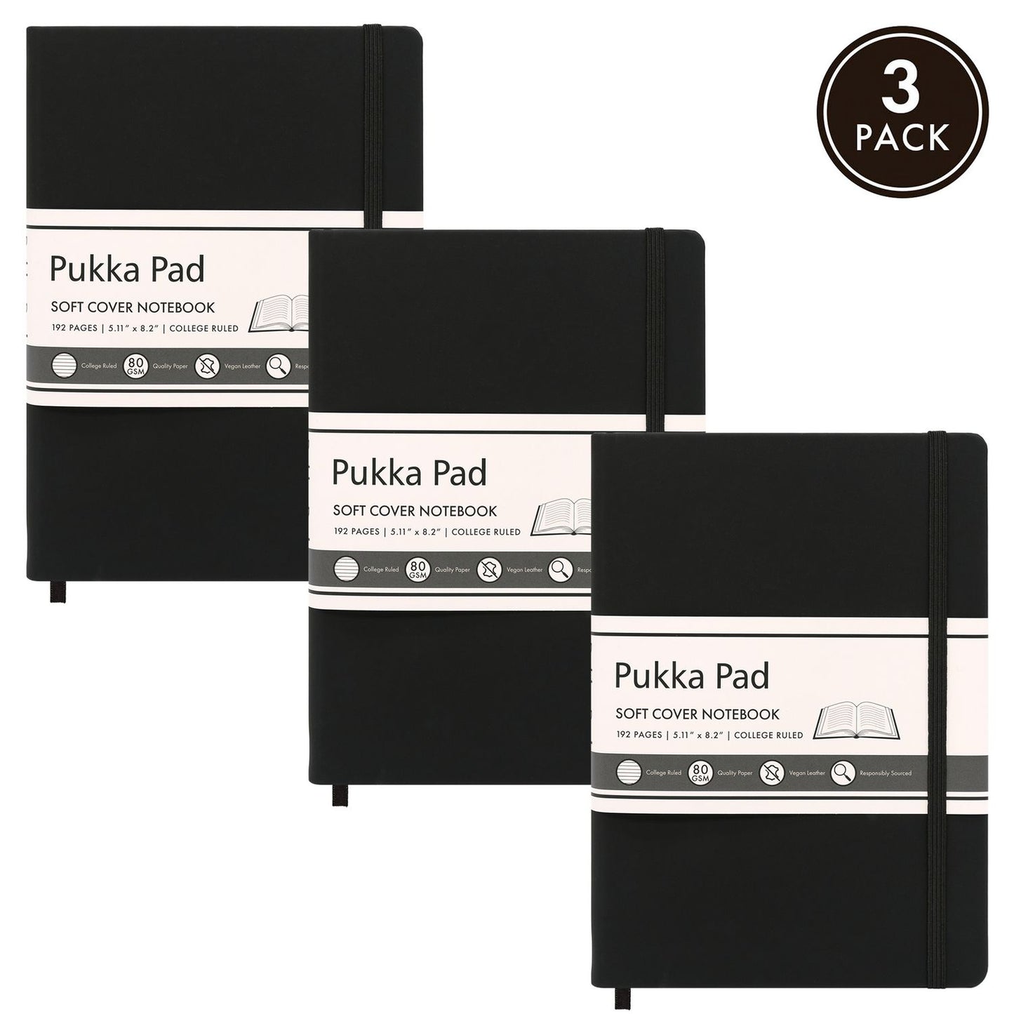 PUKKA PAD Soft Cover Notebook, College Rule, Black Cover, (96) 8.2 x 5.11 Sheets, 3/Pack (9940SIG3)