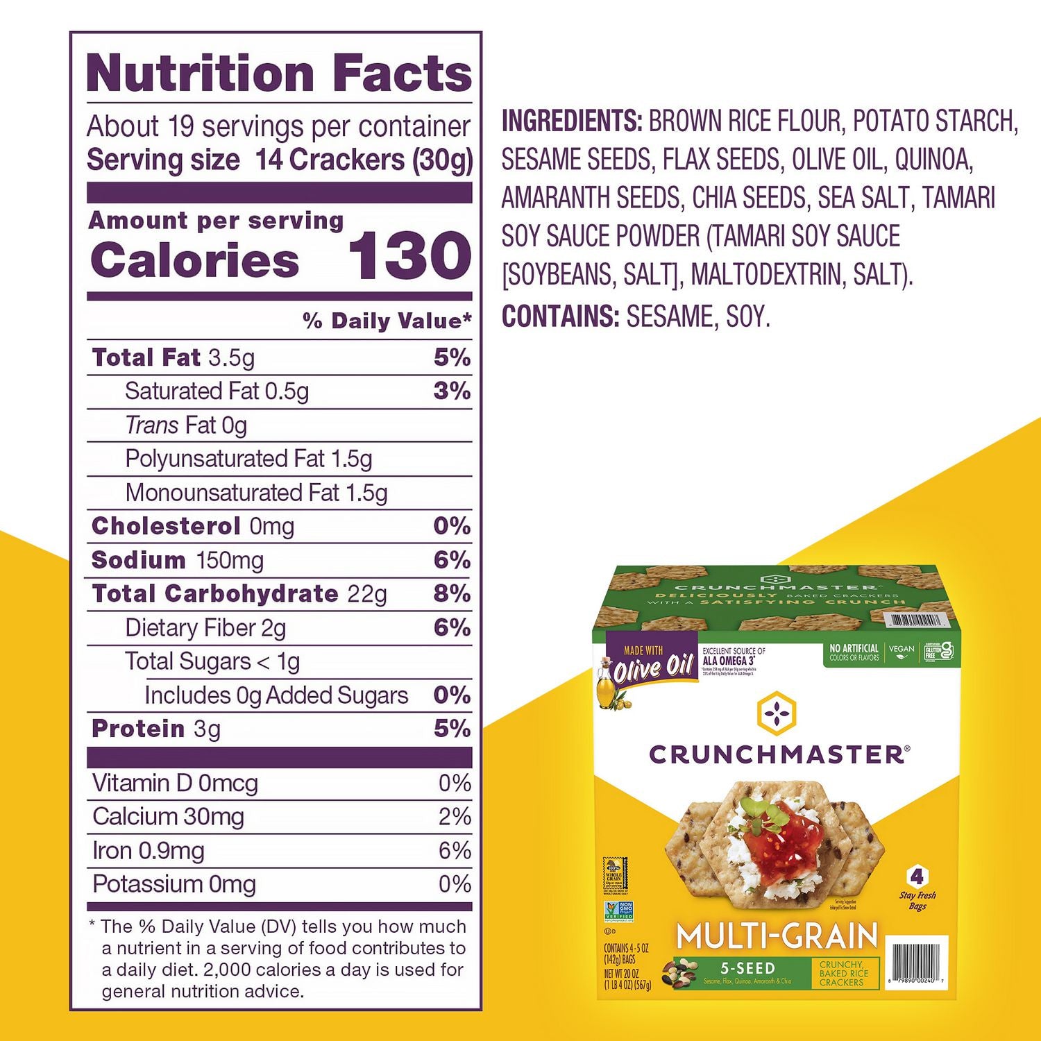 Crunchmaster 5-Seed Multi-Grain Crunchy Oven Baked Crackers, Original, 5 oz Bags, 4/Box, 2 Boxes/Carton (60004077)