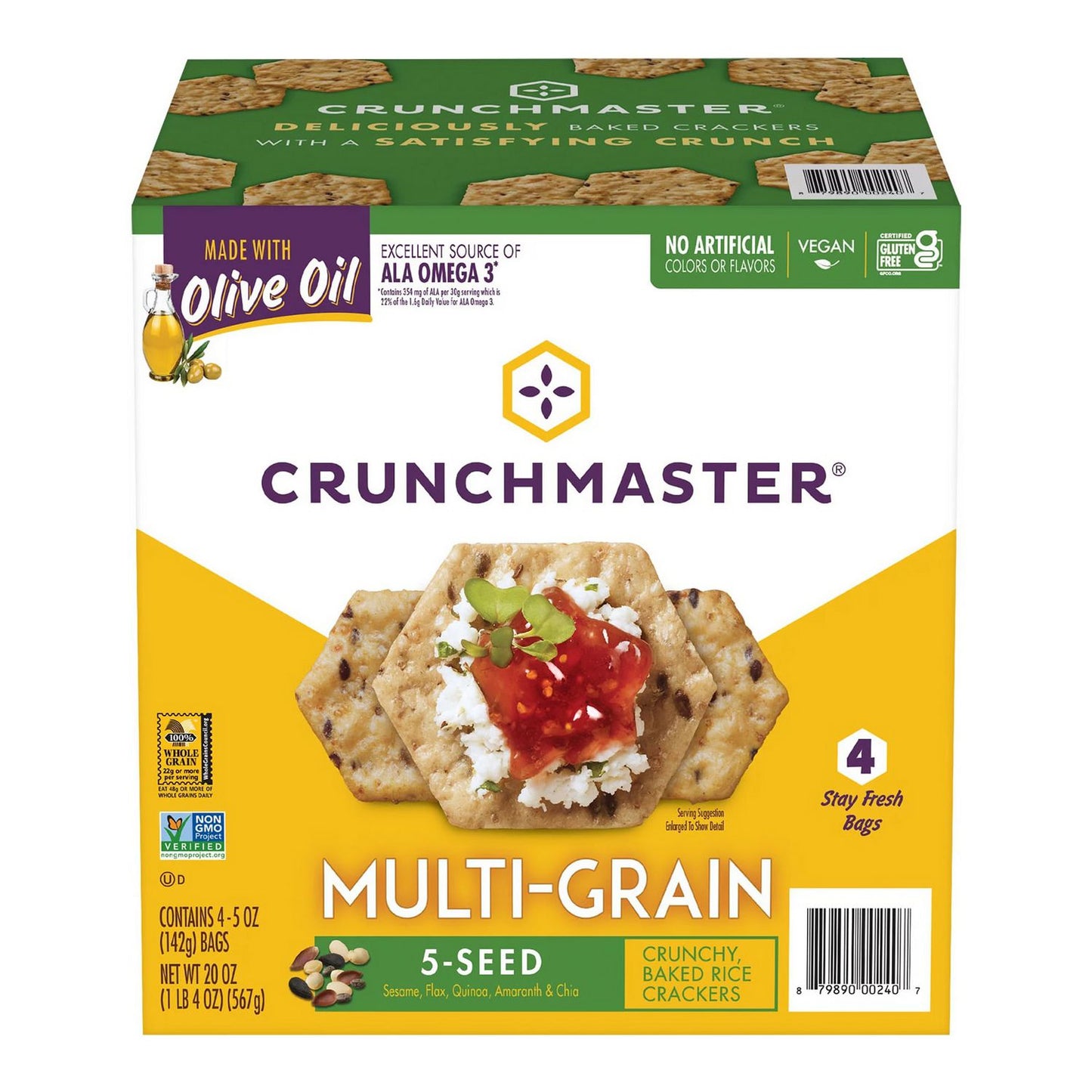 Crunchmaster 5-Seed Multi-Grain Crunchy Oven Baked Crackers, Original, 5 oz Bags, 4/Box, 2 Boxes/Carton (60004077)