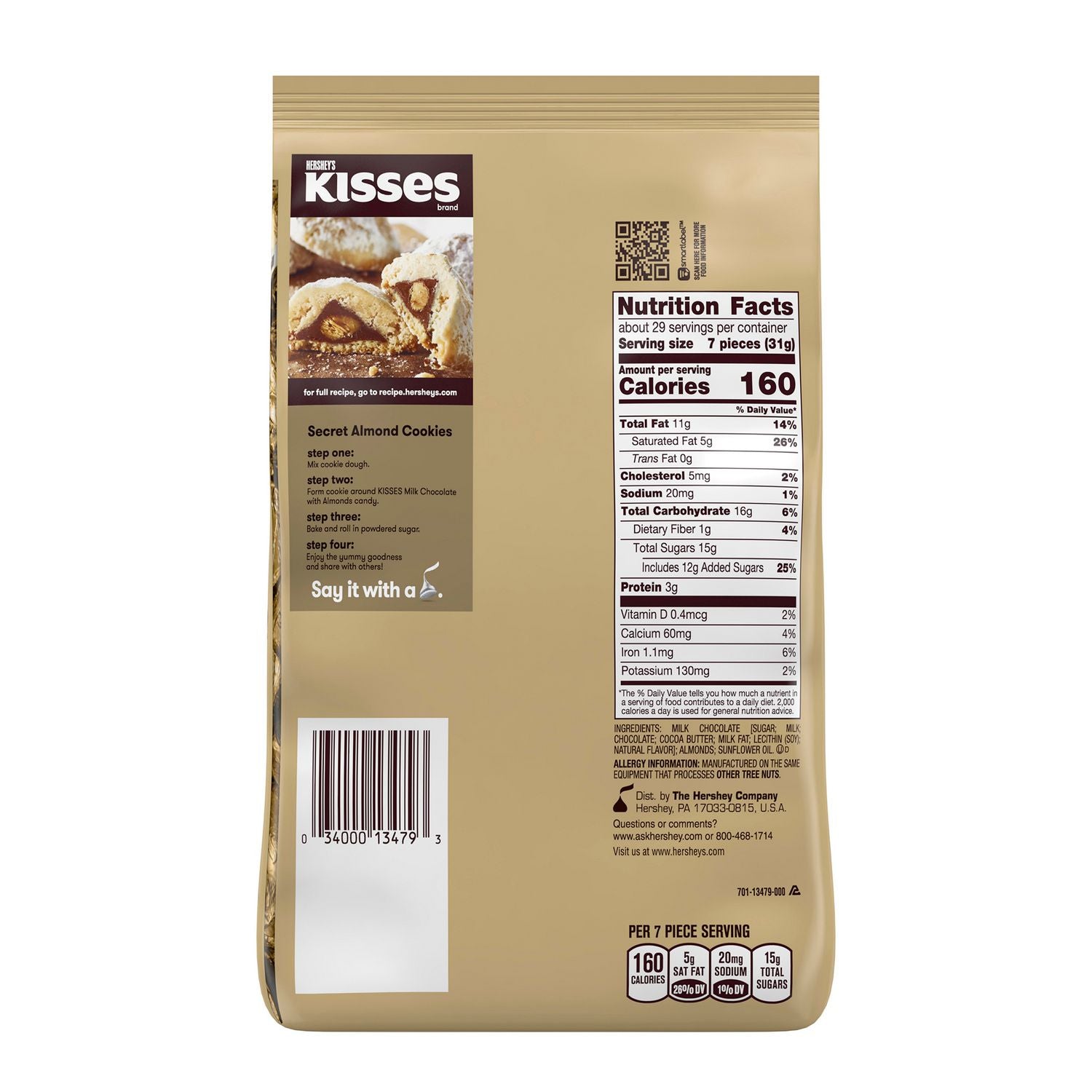 Hershey's KISSES with Almonds, Milk Chocolate, 32 oz Pack, 2 Packs/Carton (60004091)