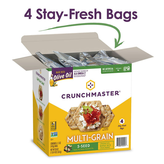 Crunchmaster 5-Seed Multi-Grain Crunchy Oven Baked Crackers, Original, 5 oz Bags, 4/Box, 2 Boxes/Carton (60004077)