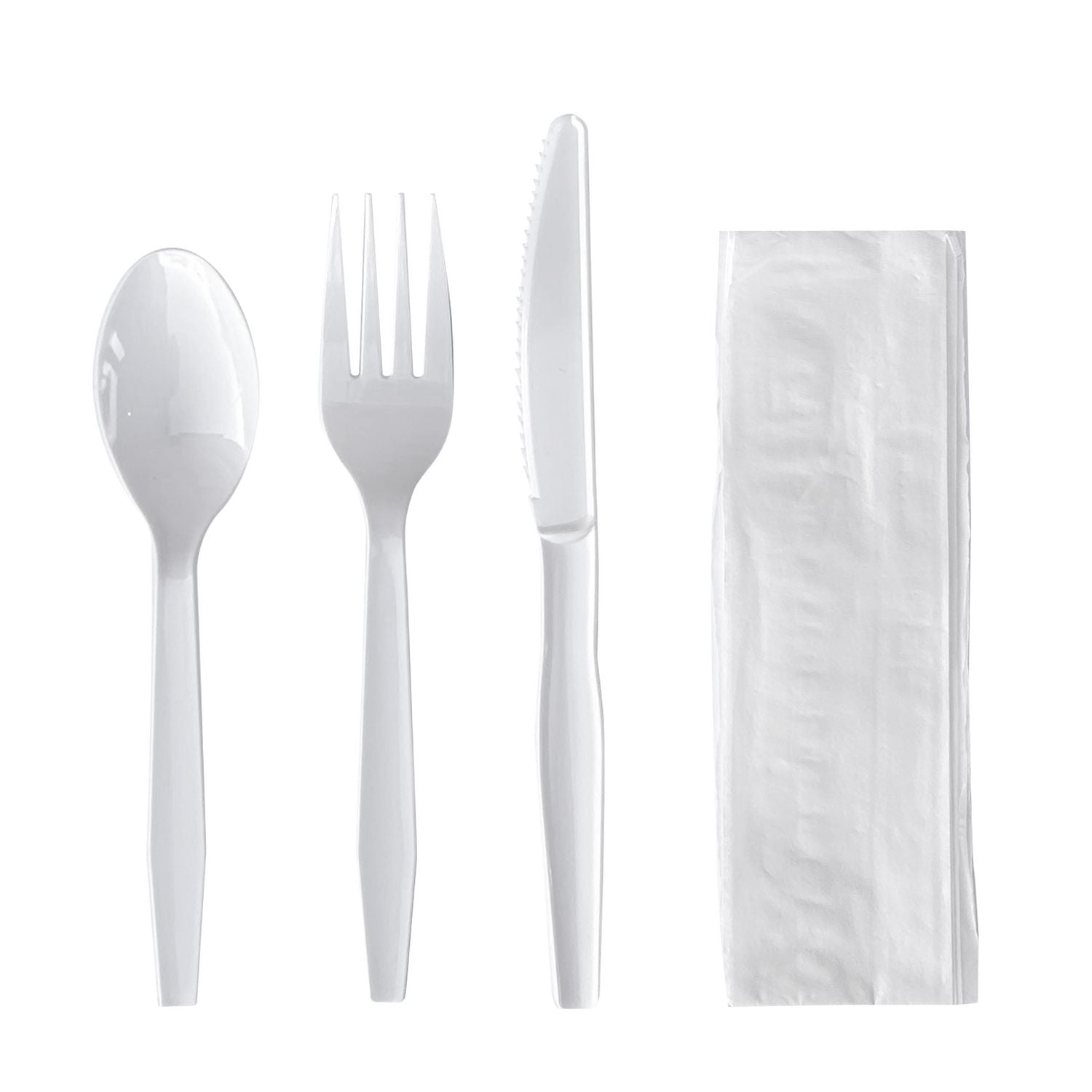 Boardwalk Four-Piece Cutlery Kit, Fork/Knife/Napkin/Teaspoon, Mediumweight, Polystyrene, White, 250/Carton (4KITWHPS)