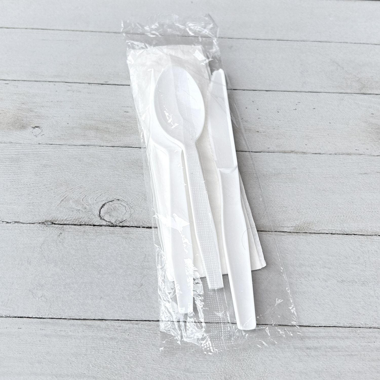 Boardwalk Four-Piece Cutlery Kit, Fork/Knife/Napkin/Teaspoon, Mediumweight, Polystyrene, White, 250/Carton (4KITWHPS)