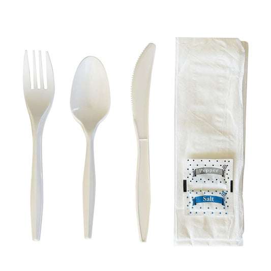 Boardwalk Six-Piece Cutlery Kit, Fork/Knife/Teaspoon/Napkin/Pepper/Salt, White, 1,000/Carton (6COMBOKITPP)