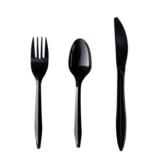 Boardwalk Three-Piece Cutlery Kit, Fork/Knife/Teaspoon, Polypropylene, Black, 250/Carton (3KITBLPP)