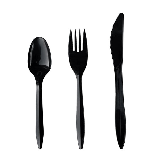 Boardwalk Four-Piece Cutlery Kit, Fork/Knife/Teaspoon/Napkin, Mediumweight, Black, 250/Carton (4KITBLPP)