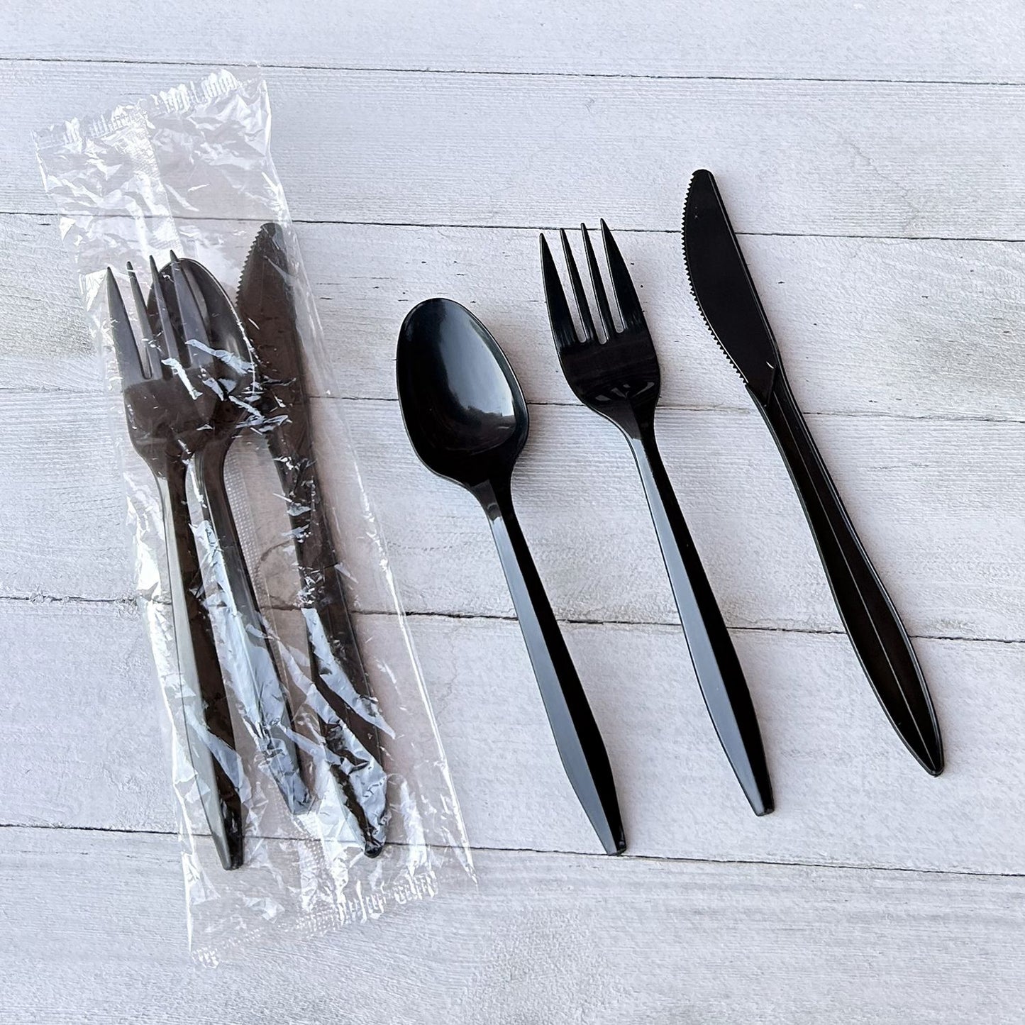 Boardwalk Three-Piece Cutlery Kit, Fork/Knife/Teaspoon, Polypropylene, Black, 250/Carton (3KITBLPP)